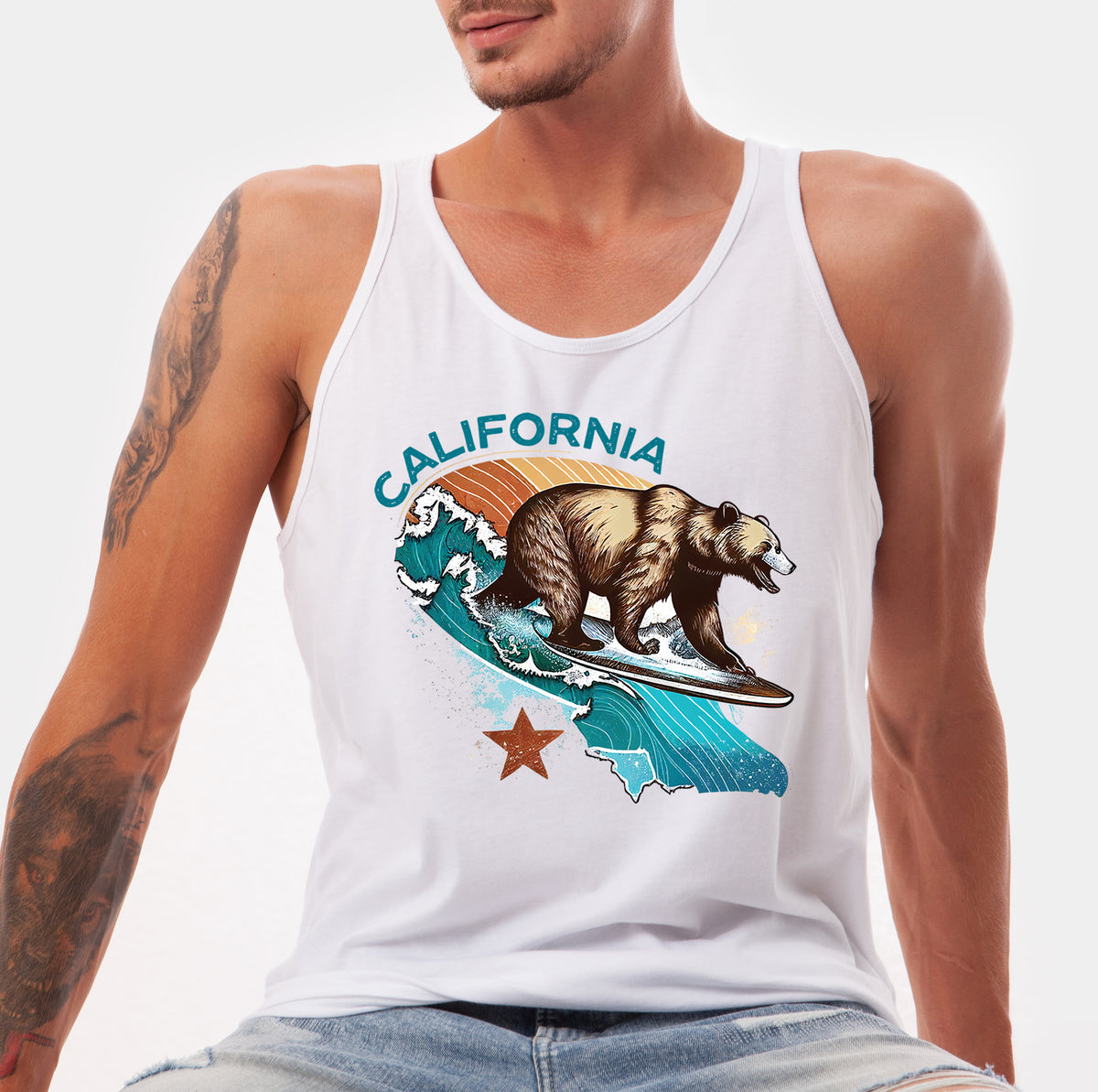 California Bear Surf Shirt | California Beach Bum Shirt | Retro Shirt | California Gifts | Unisex Jersey Tank Top