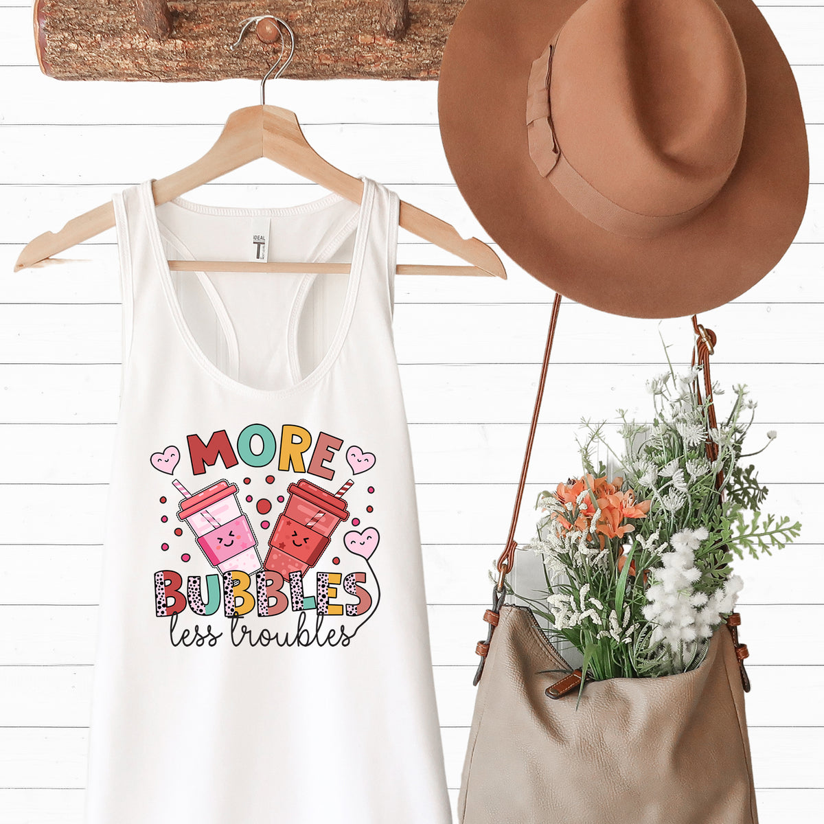 More Bubbles Less Troubles Cute Boba Tea Shirt | Cute Kawaii Shirt Bubble Tea Shirt | Bubble Tea Gift For Her | Women's Slim-fit Racerback Tank Top