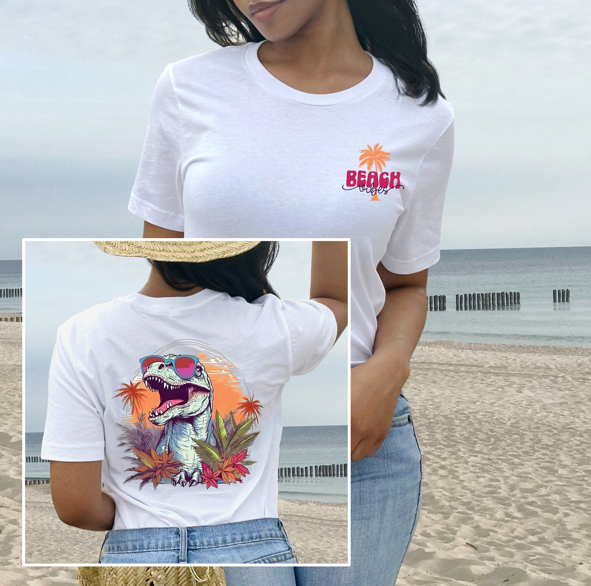 Beach Vibes T Rex Shirt | Funny Dinosaur Shirt | Front and Back Shirt | Tropical Summer Shirt | Pocket Shirt | Unisex Jersey T-shirt
