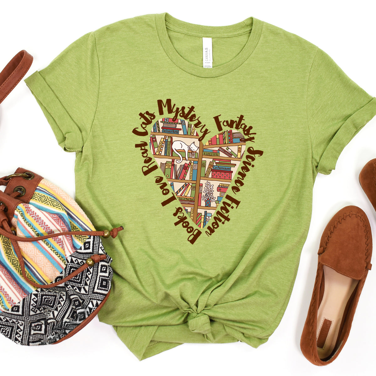Book Lover Heart Cat Lady T-shirt | Heather Green Unisex Jersey T-shirt