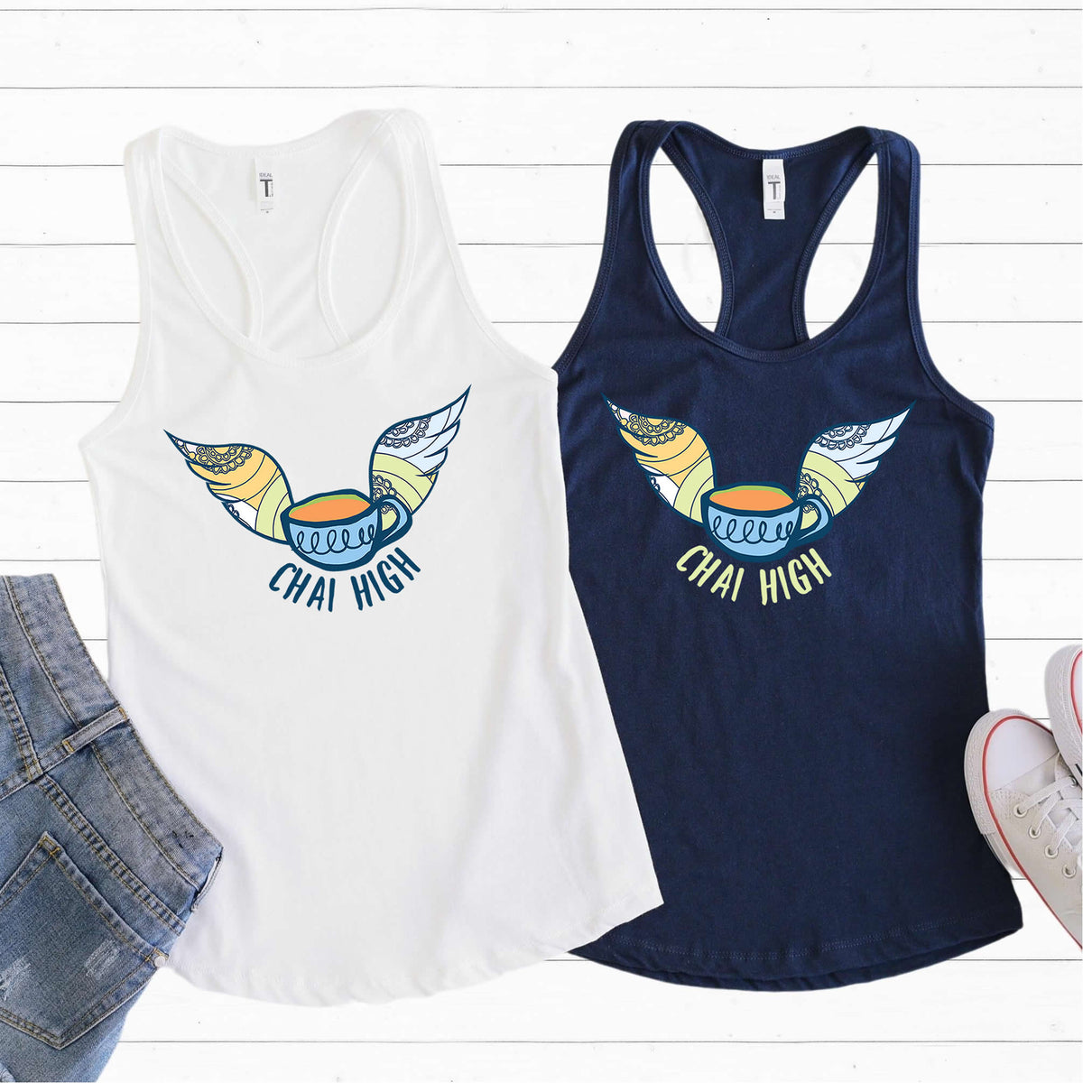 Chai High Chai Tea Shirt | Chai Tea Lover Shirt | Navy White Women's Racerback Tank Top