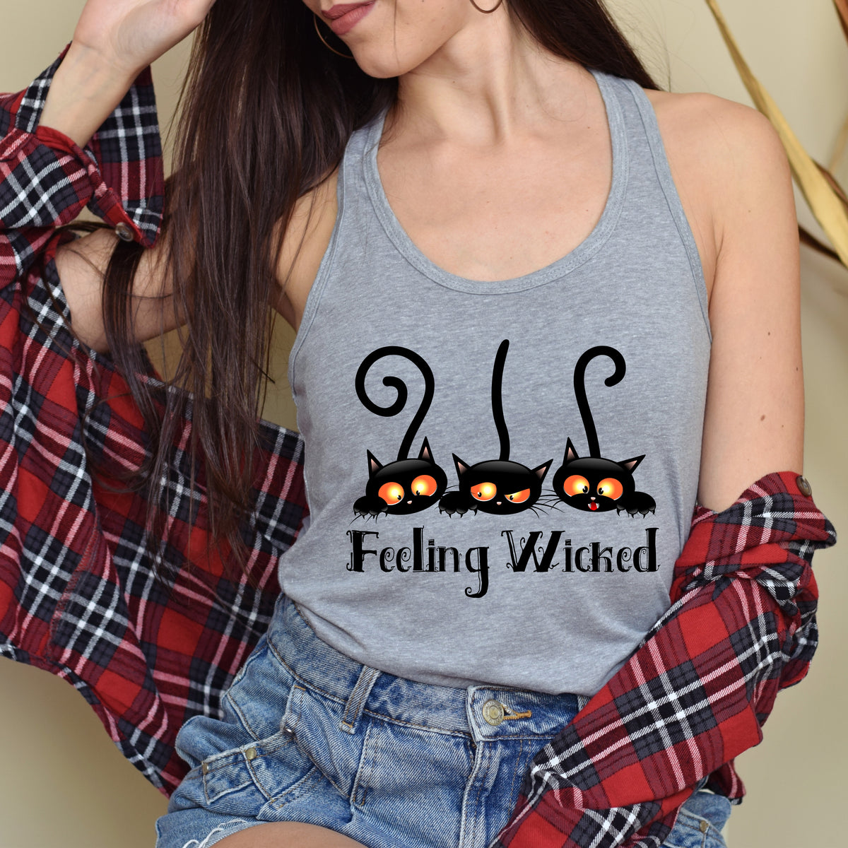 Feeling Wicked Black Cat Halloween Shirt  | Athletic Heather Racerback Tank Top
