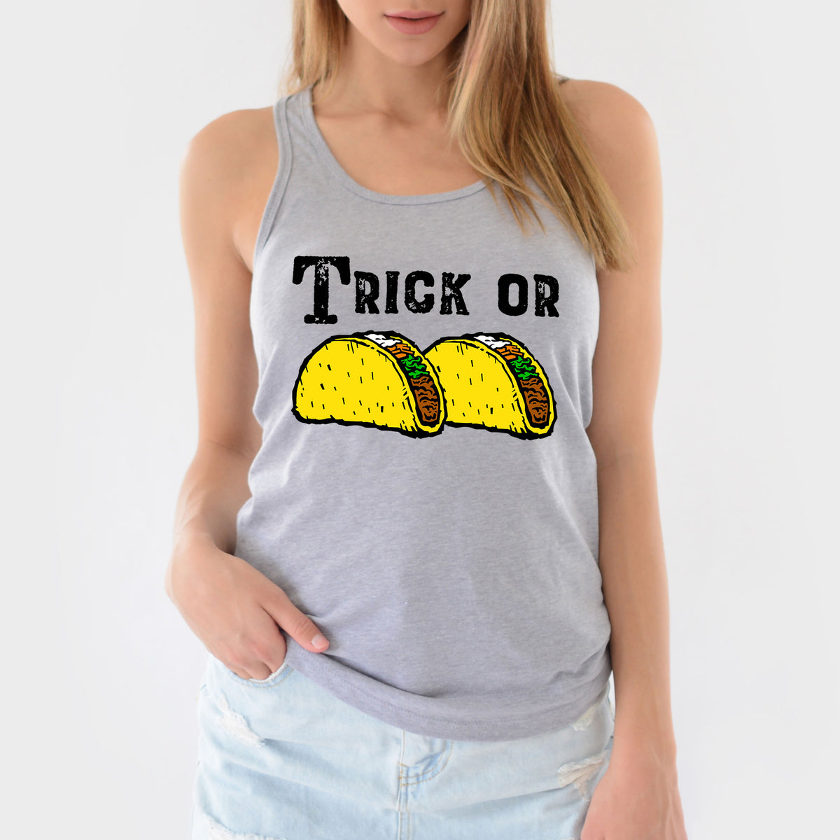 Trick or Tacos Funny Halloween Taco Shirt  | Athletic Heather Racerback Tank Top