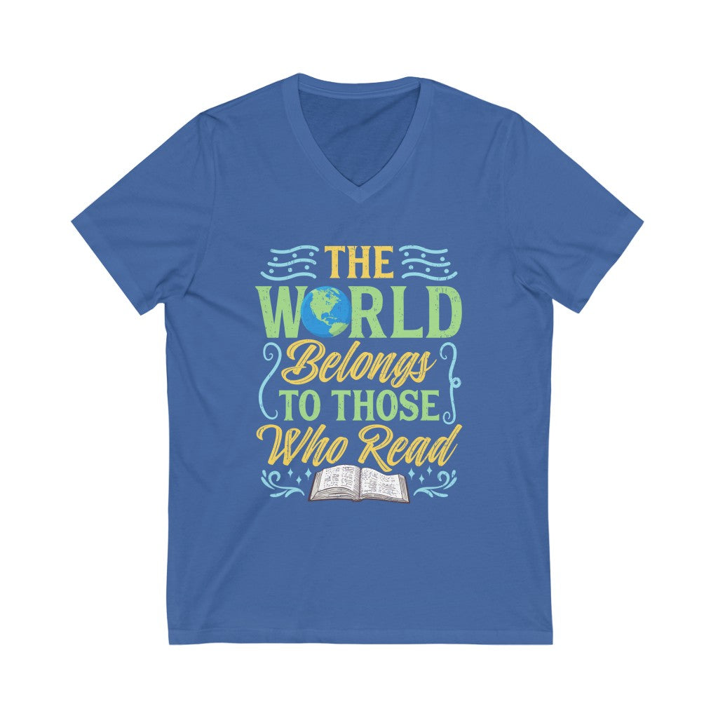 World Reading Book Lover Bookish Shirt | Bibliophile Gift | Unisex Jersey V-neck T-shirt
