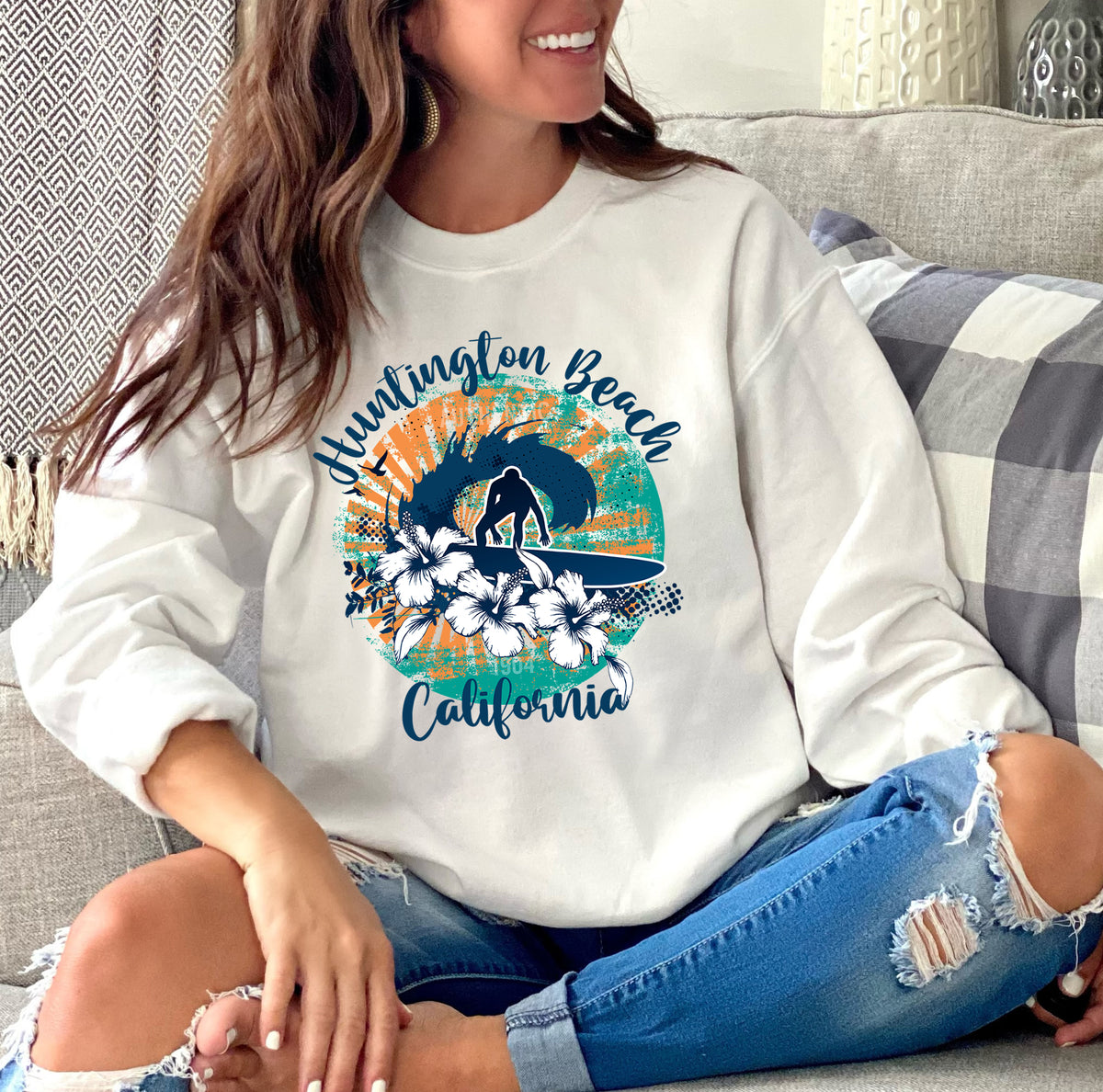 Huntington Beach Beach Bum Surfer Shirt | Beach Gift | Unisex Crewneck Sweatshirt