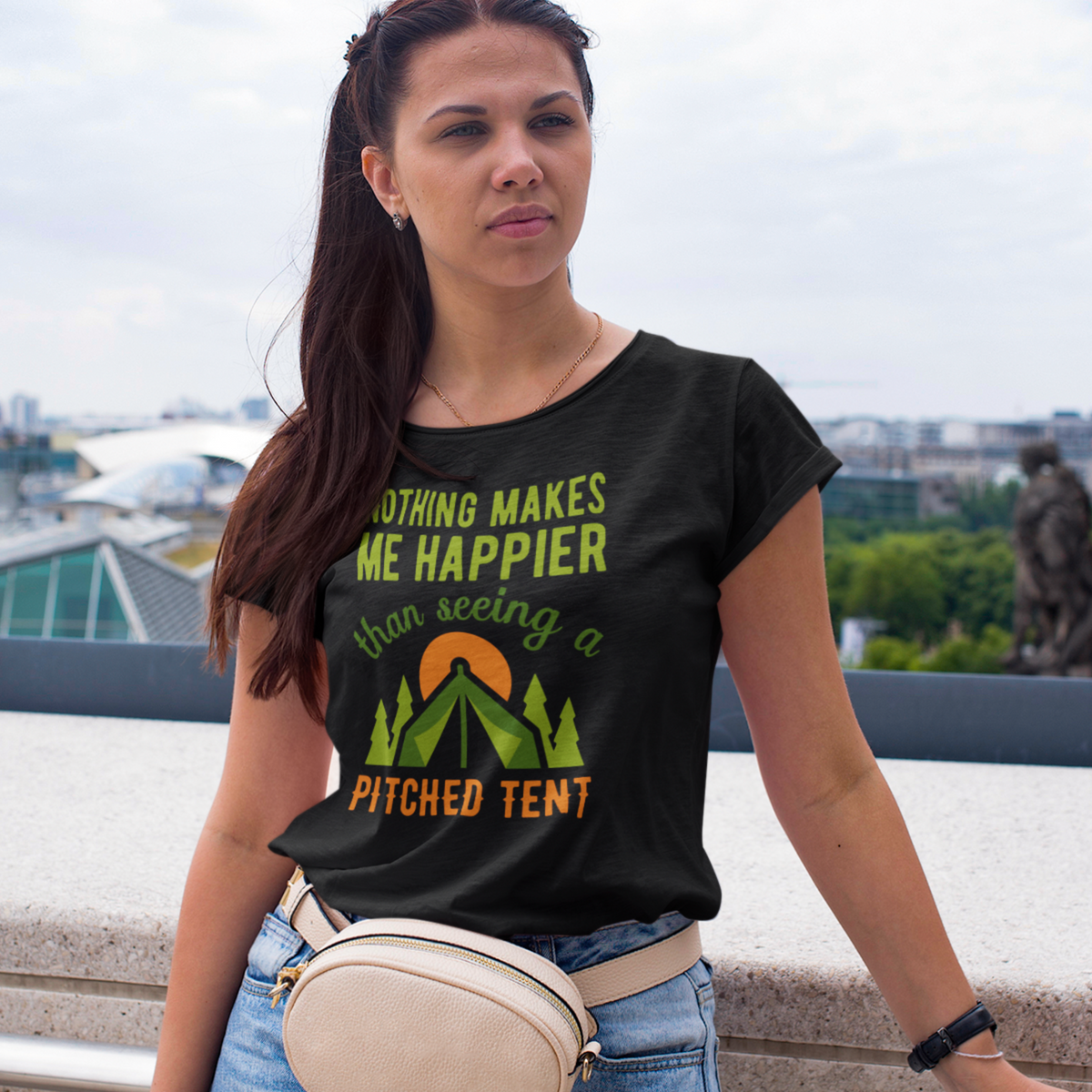 Pitched Tent Funny Camping Adventure Shirt | Happy Camper Gift | Women's Slim-fit Soft Style Tee