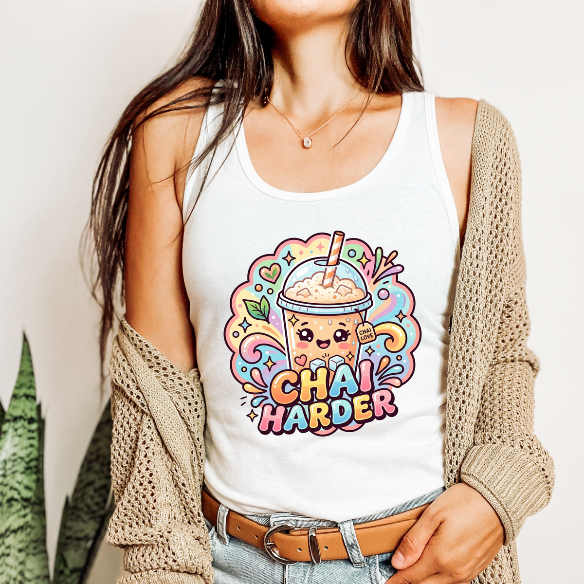 Chai Harder Racerback Tank Top | Kawaii Iced Chai Latte Shirt | Chai Tea Lover Desi Vibes Gift