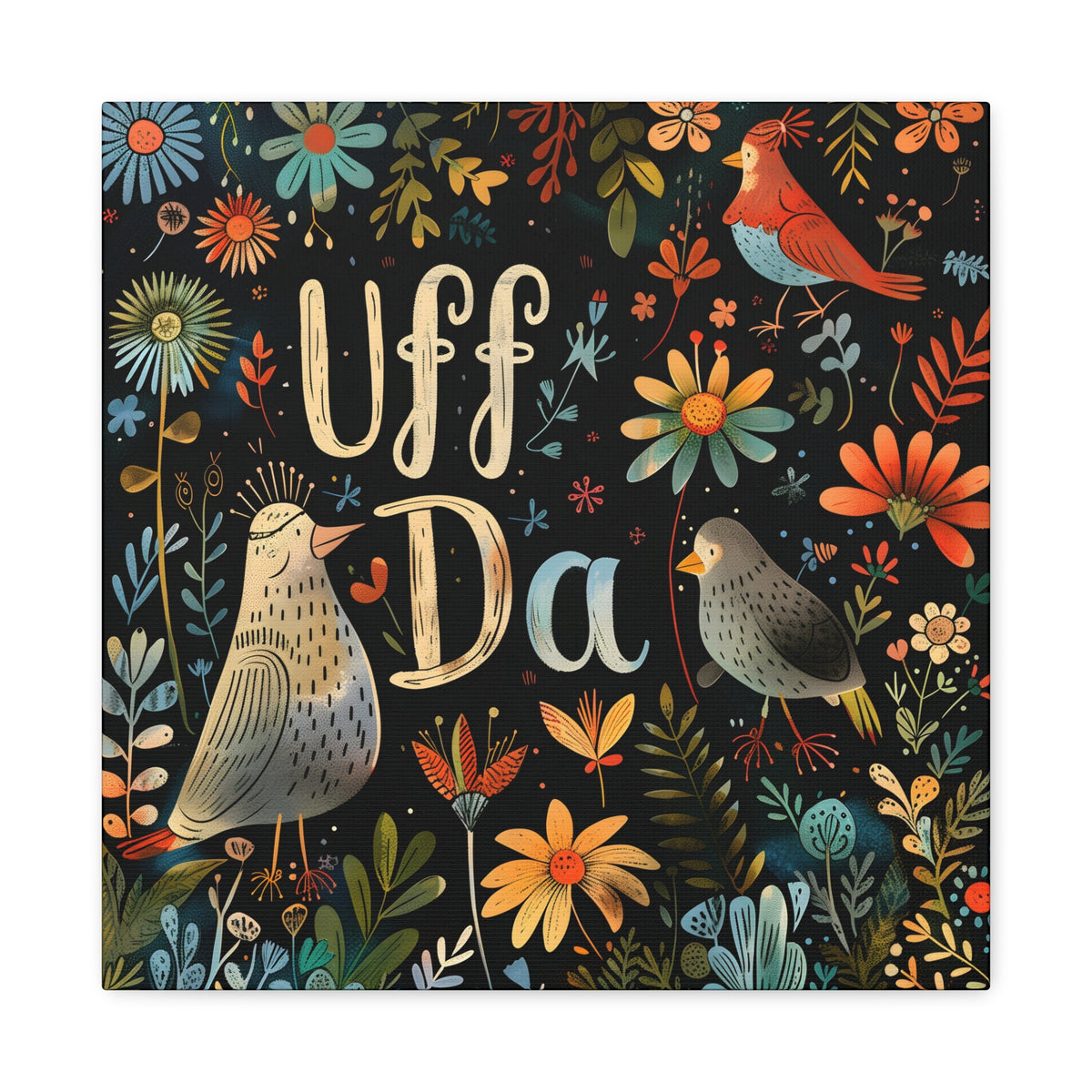 Uff Da Scandi Canvas Wall Art Print | Nordic Folk Art Birds Farmhouse Decor