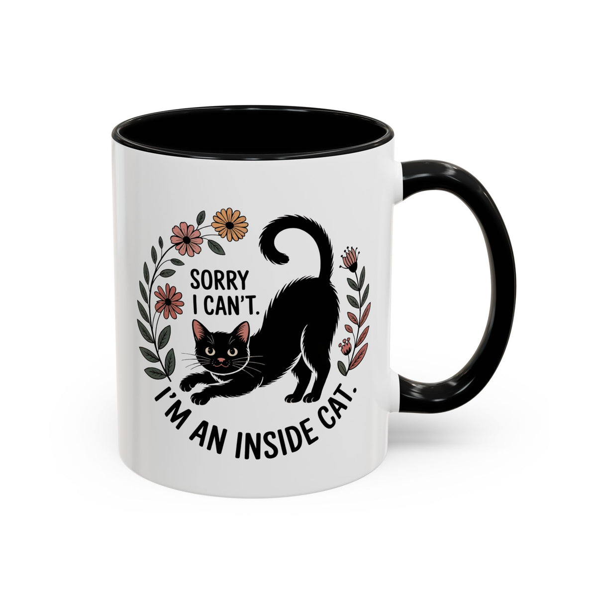 Indoor Cat Ceramic Coffee Mug | Accent Color Black Cat Cup | Sorry I Can't I'm an Indoor Cat |  Cat Lover Gift