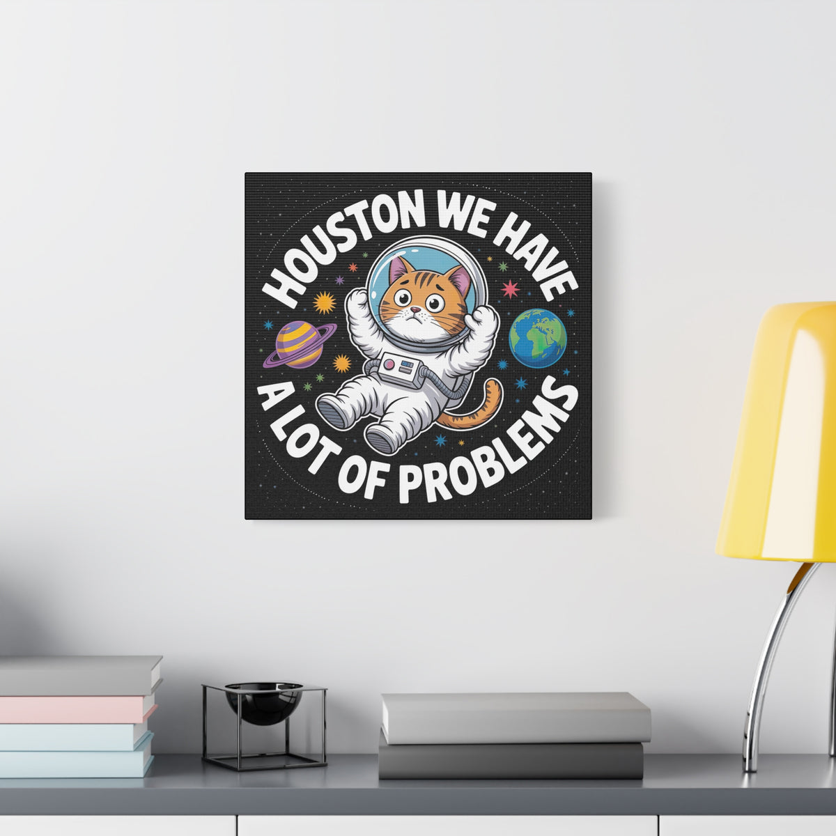 Funny Astronaut Cat Canvas Wall Art | Houston We Have Problems Print | Cat Lover Gift | Nerdy Space Decor