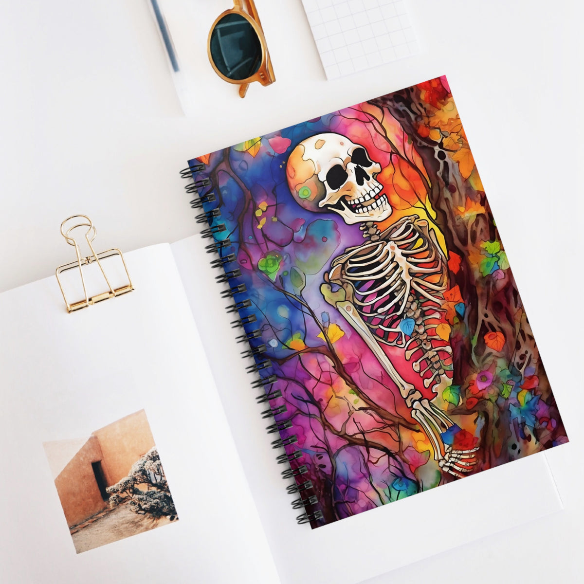 Halloween Skeleton Watercolor Art Journal Notebook | Skeleton Art Gift |  Ruled Line Spiral Notebook