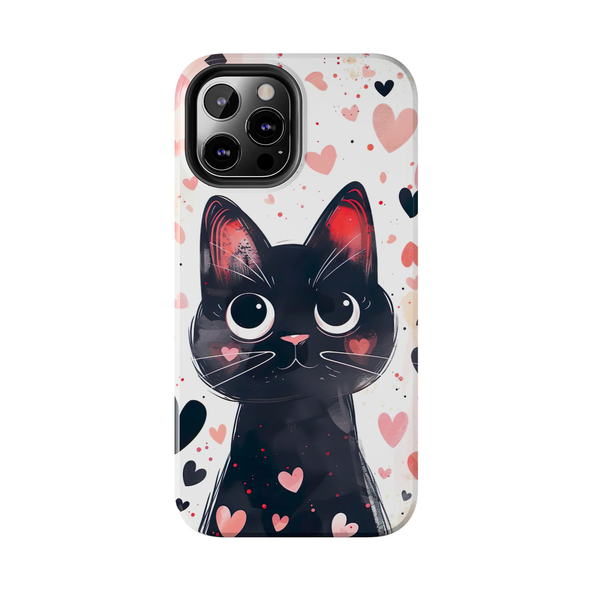 Cute Black Cat Valentine iPhone Case | Pink Heart Tough Phone Case | Kawaii Cat Lover Gift