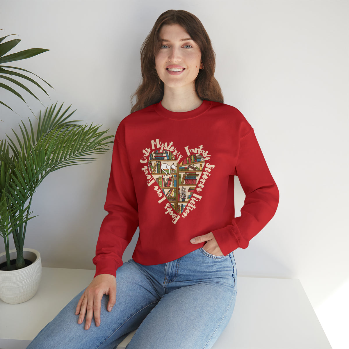 Book Lover Heart Cat Lady T-shirt | Cat Lover Bookworm Gifts | Unisex Crewneck Sweatshirt
