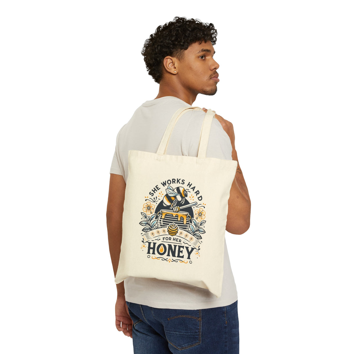 She Works Hard Honey Tote Bag | Honey Bee Gift | Cute Bee Lover Book Bag | Cotton Canvas Tote Bag