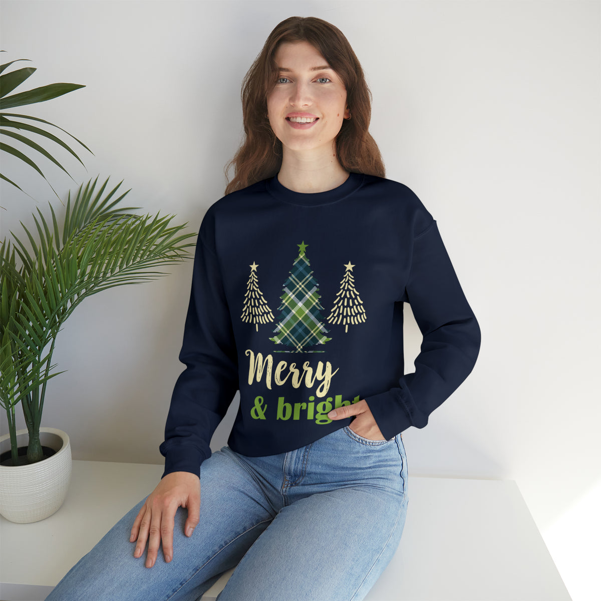 Merry & Bright Christmas Tree Plaid Shirt | Cute Christmas Gift | Unisex Crewneck Sweatshirt