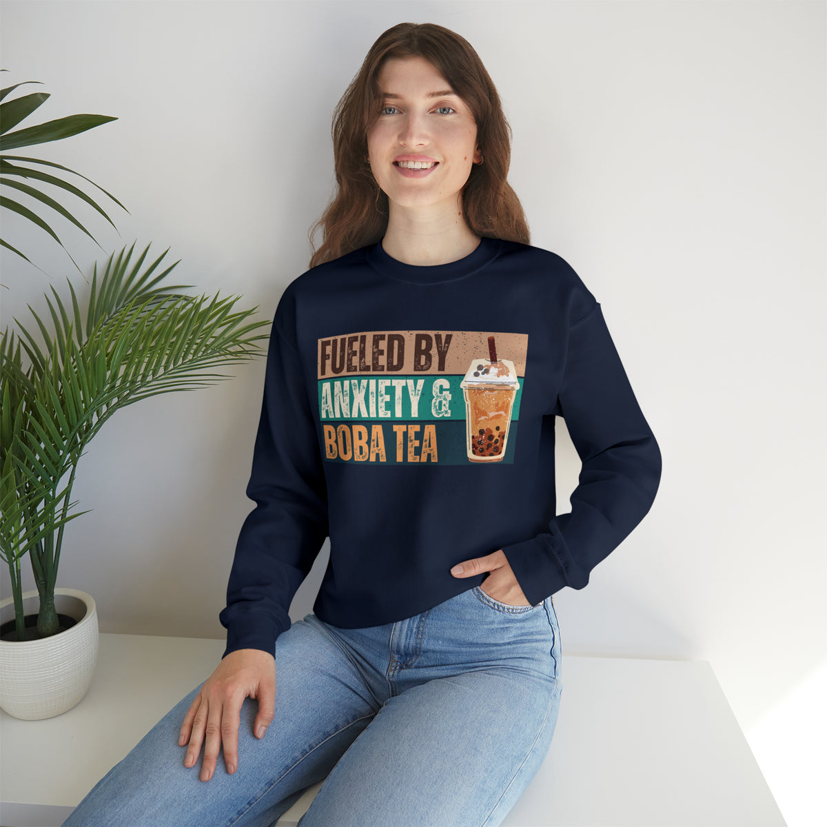 Funny Boba Tea Shirt | Fueled by Anxiety Shirt | Bubble Tea Lover Gift | Unisex Crewneck Sweatshirt