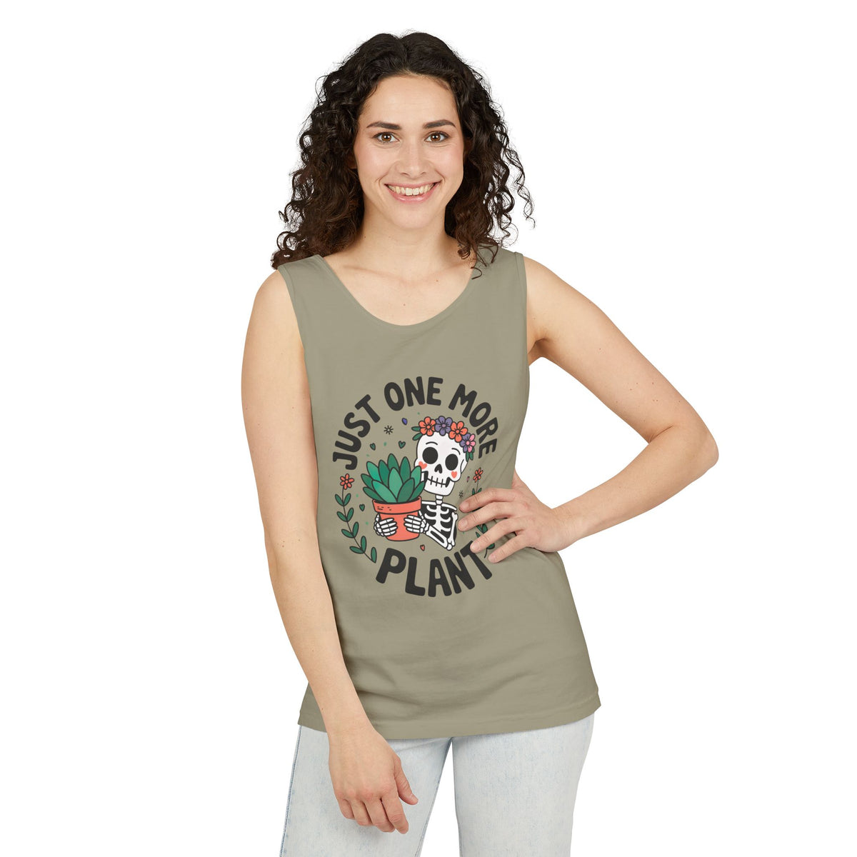 Just One More Plant Cute Skeleton Shirt | Plant Lover Shirt | Funny Gardening Gift | Unisex Garment-Dyed Tank Top