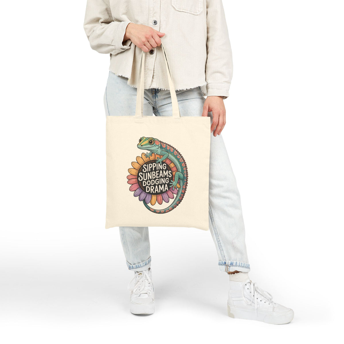 Sipping Sunbeams Cute Gecko Sunflower Tote | Positive Vibes Summer Gift Bag | Cotton Canvas Tote Bag