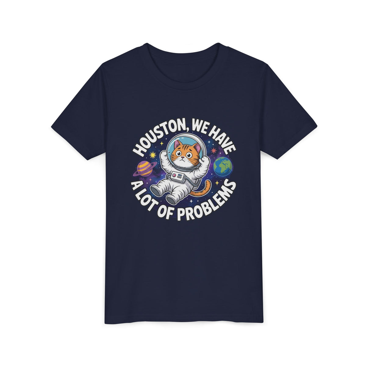 Funny Astronaut Cat Youth Shirt | Houston We Have Problems Kids T-shirt | Cat Lover Gift | Nerdy Space Tee