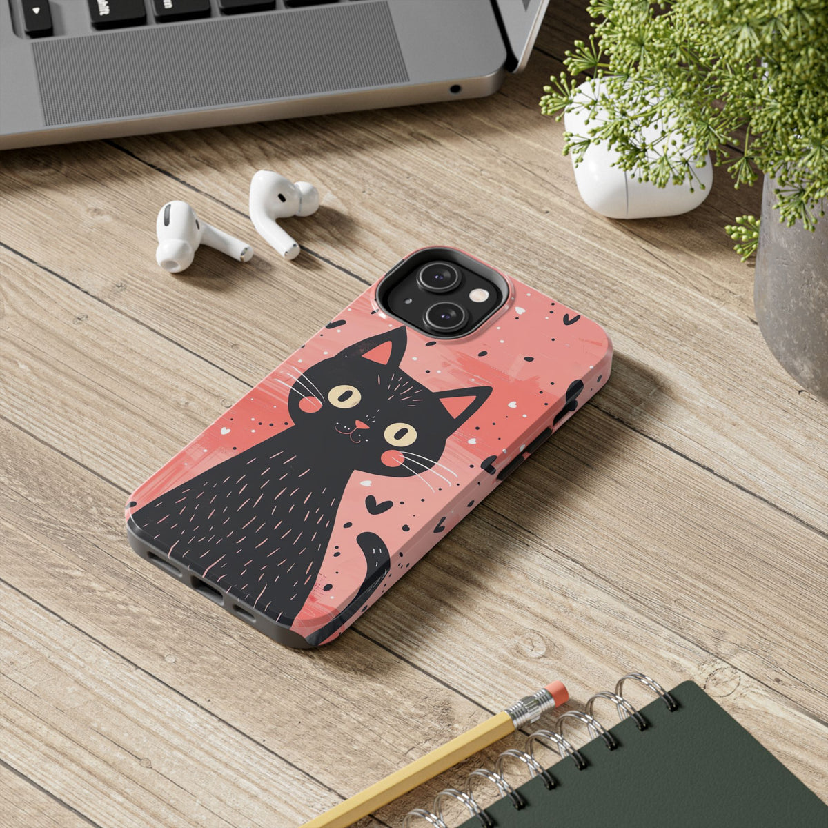 Cute Black Cat Valentine iPhone Case | Pink Heart Tough Phone Case | Kawaii Cat Lover Gift