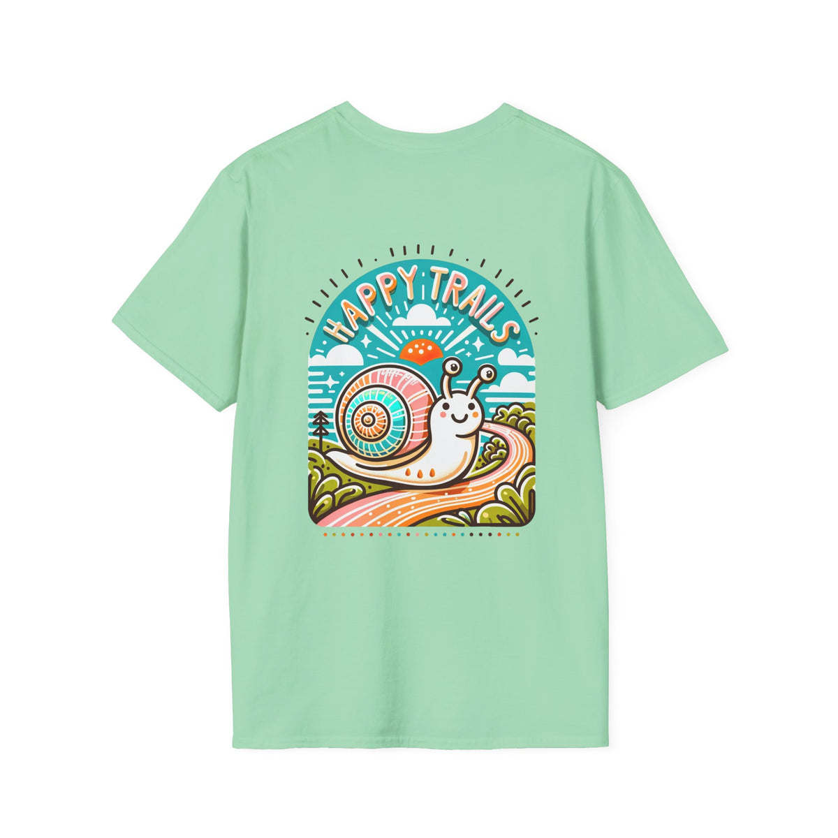 Happy Trails Funny Snail Hiking Shirt | Hiking Gift For Him | Back Print Shirt | Camping Shirt | Unisex Soft Style T-Shirt