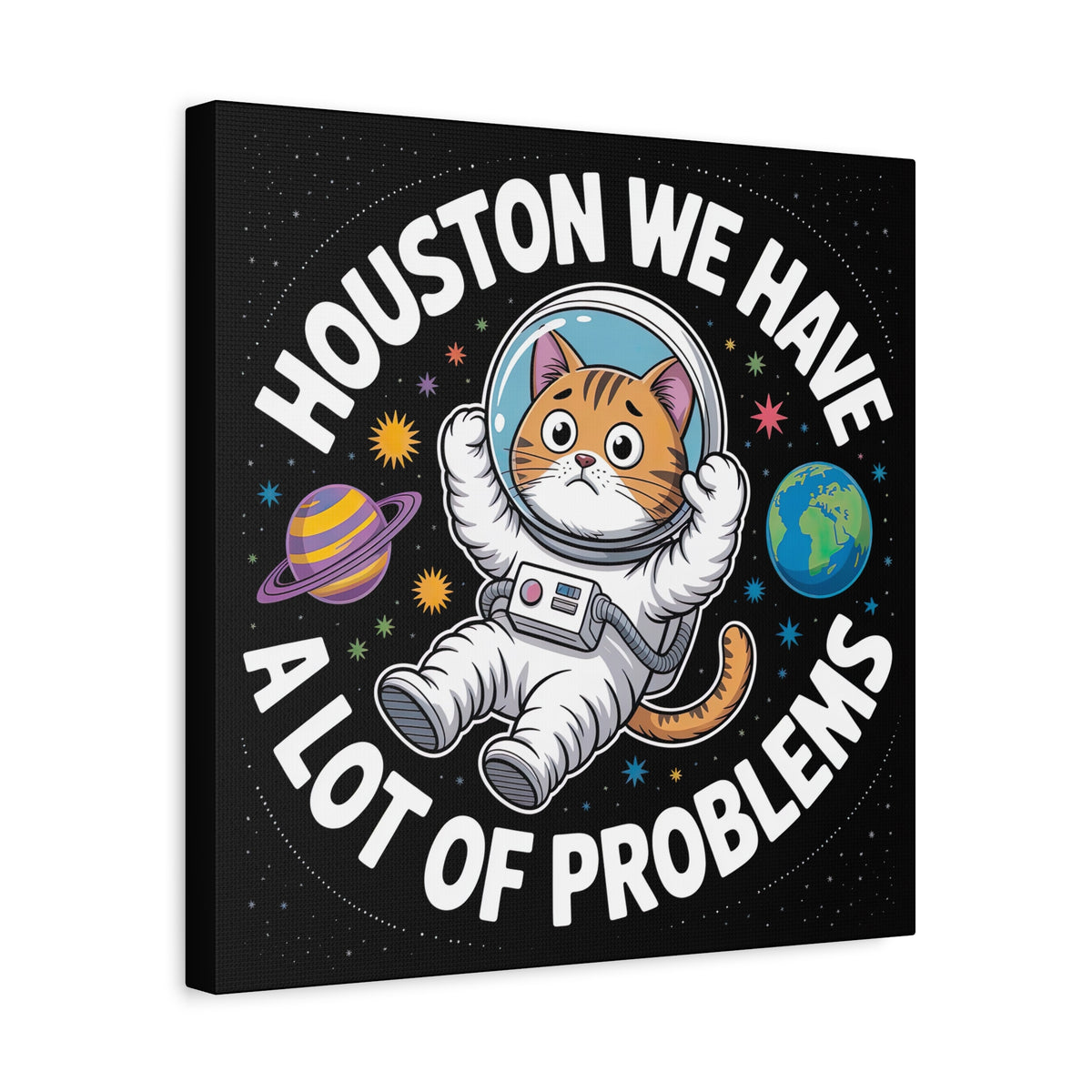 Funny Astronaut Cat Canvas Wall Art | Houston We Have Problems Print | Cat Lover Gift | Nerdy Space Decor