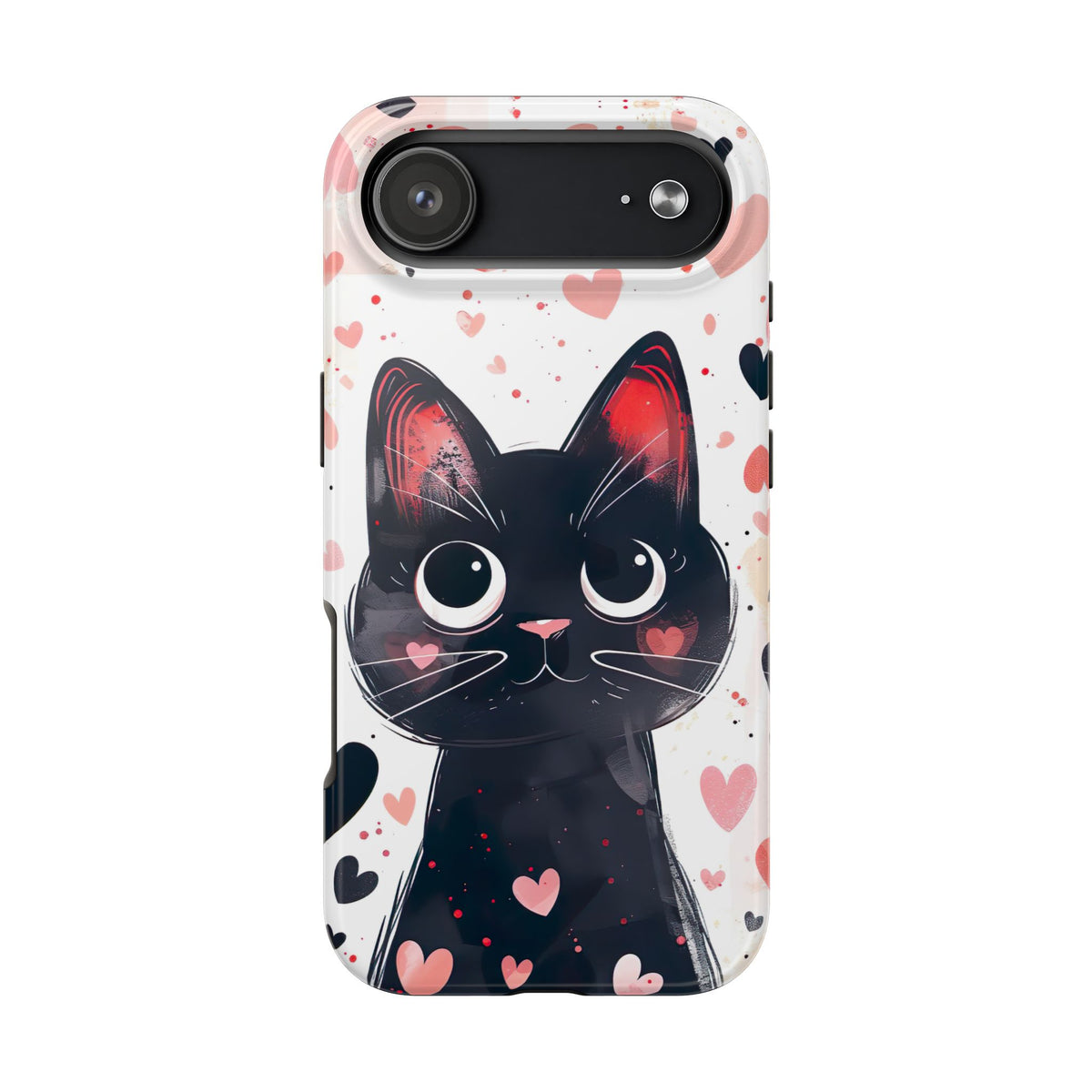 Cute Black Cat Valentine iPhone Case | Pink Heart Tough Phone Case | Kawaii Cat Lover Gift