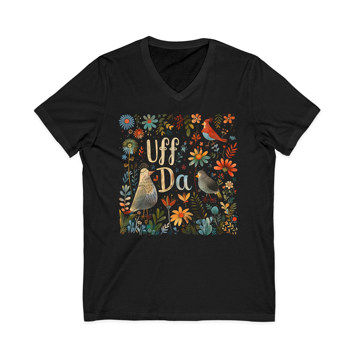 Uff Da Scandi V-neck TShirt | Nordic Folk Art Birds Shirt | Boho Floral Gift | Unisex Jersey V-neck T-shirt