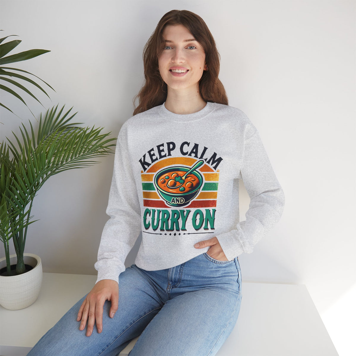 Keep Calm Curry On Indian Funny Foodie Shirt | Indian Food Shirt | Funny Indian Gift | Unisex Crewneck Sweatshirt