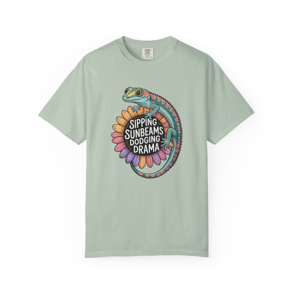 Sipping Sunbeams Cute Gecko Sunflower Shirt | Positive Vibes Summer Shirt | Unisex Garment-Dyed T-shirt