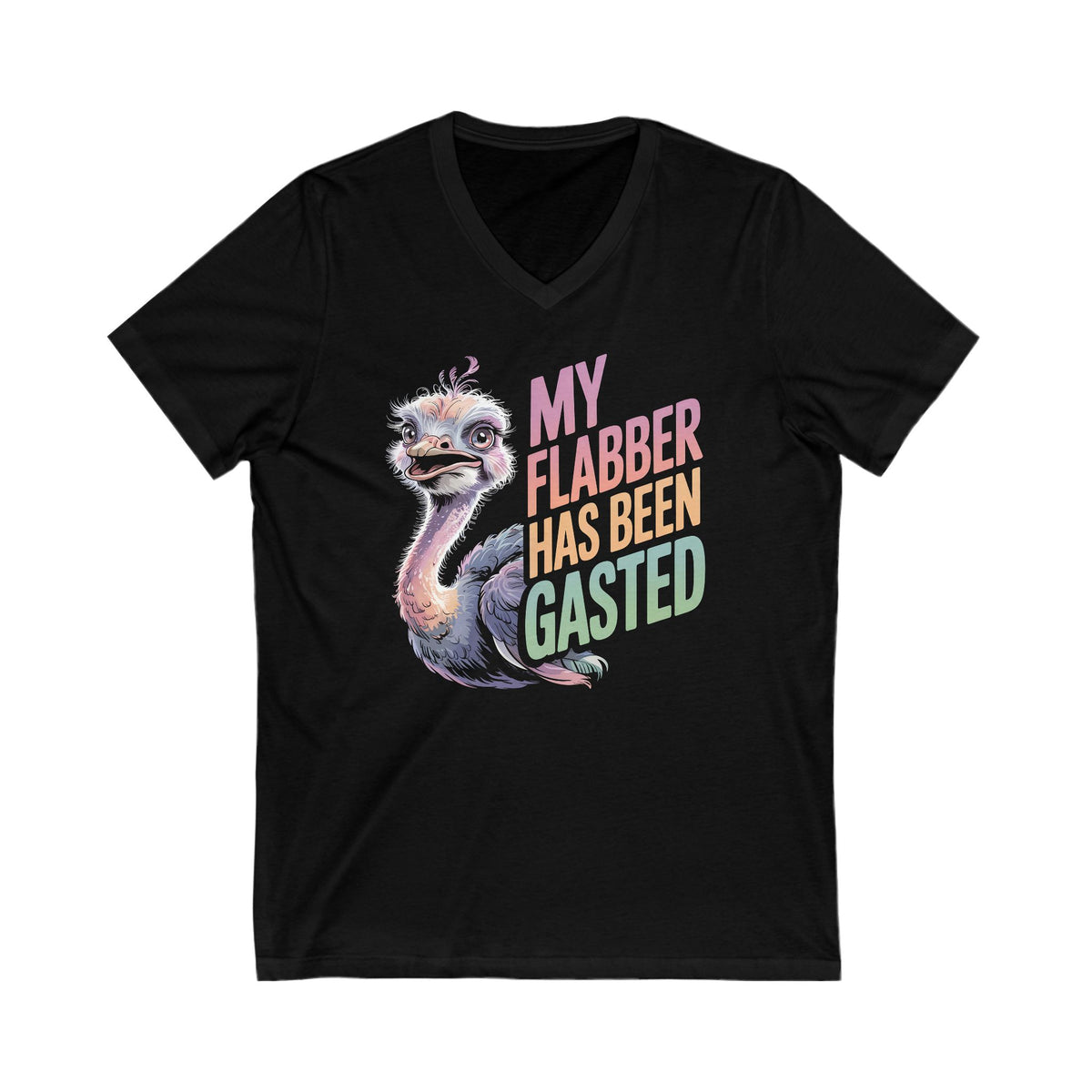 Flabber Has Been Gasted Funny Ostrich Shirt | Flabbergasted Funny Bird Pun Shirt | British Slang | Unisex Jersey Short Sleeve V-Neck T-shirt
