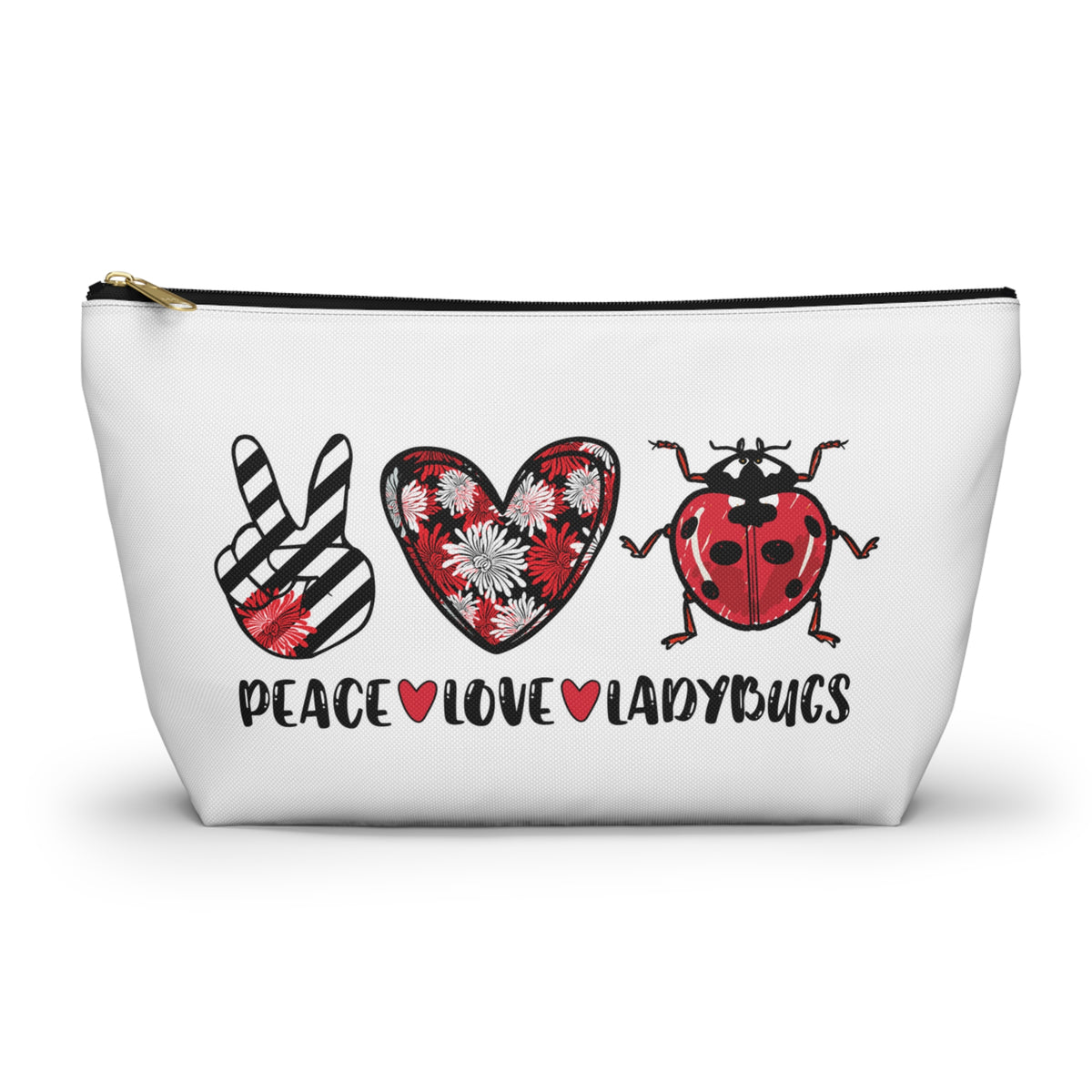 Peace Love Ladybug Gifts, Cute Makeup Bag, Lady Bug Make Up Bag, Accessory Pouch w T-bottom