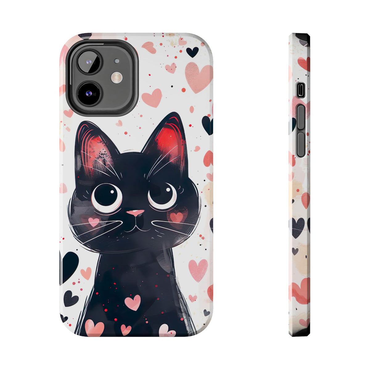 Cute Black Cat Valentine iPhone Case | Pink Heart Tough Phone Case | Kawaii Cat Lover Gift