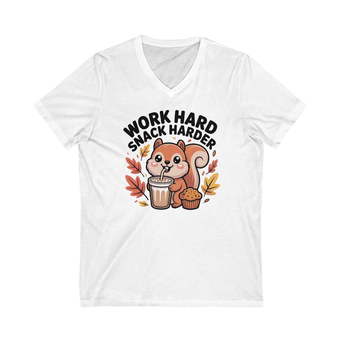 Work Hard Snack Harder Fall Chai Latte Shirt | Funny Squirrel Shirt | Unisex Jersey V-neck T-shirt