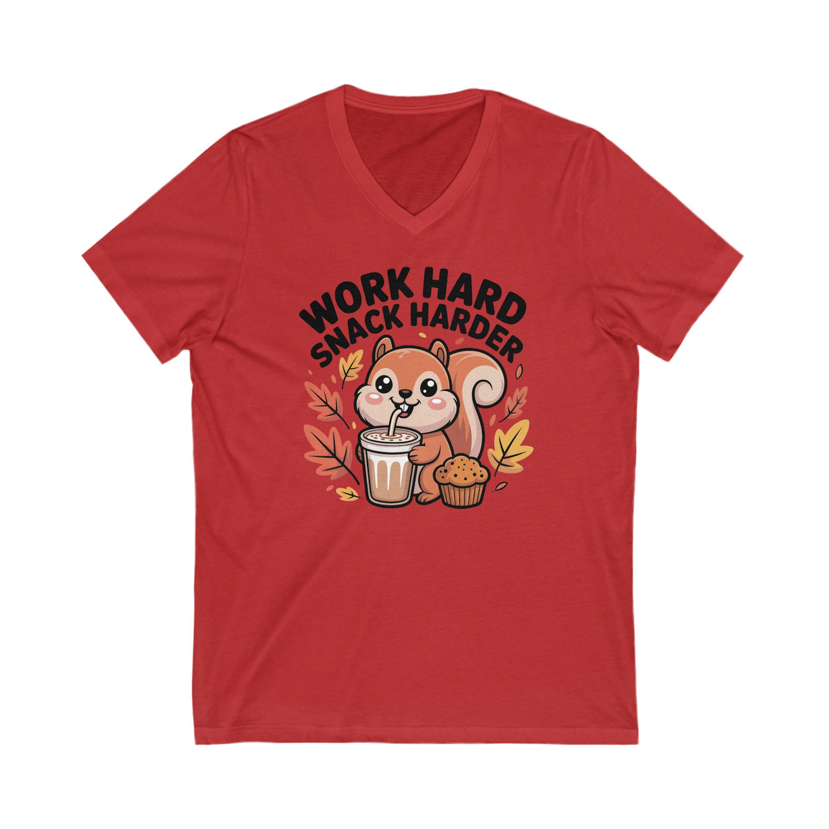 Work Hard Snack Harder Fall Chai Latte Shirt | Funny Squirrel Shirt | Unisex Jersey V-neck T-shirt