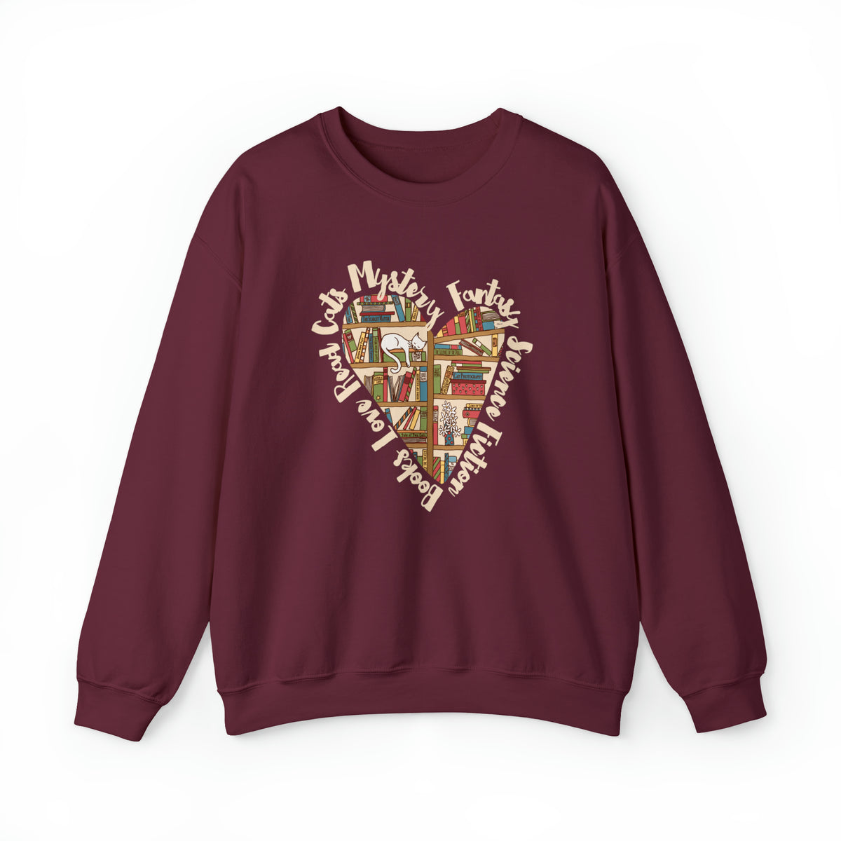 Book Lover Heart Cat Lady T-shirt | Cat Lover Bookworm Gifts | Unisex Crewneck Sweatshirt