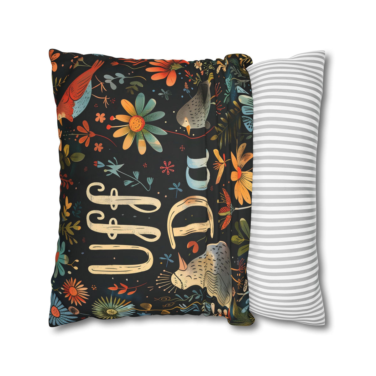 Uff Da Scandi Sueded Throw Pillow Case | Nordic Folk Art Birds Pillow | Farmhouse Decor