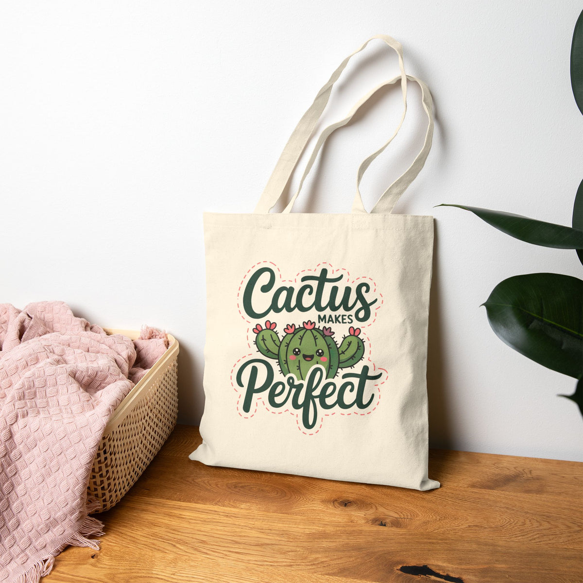 Cactus Makes Perfect Tote Bag | Cute Kawaii Cactus Canvas Tote | Funny Plant Lover Gift | Reusable Cotton Bag