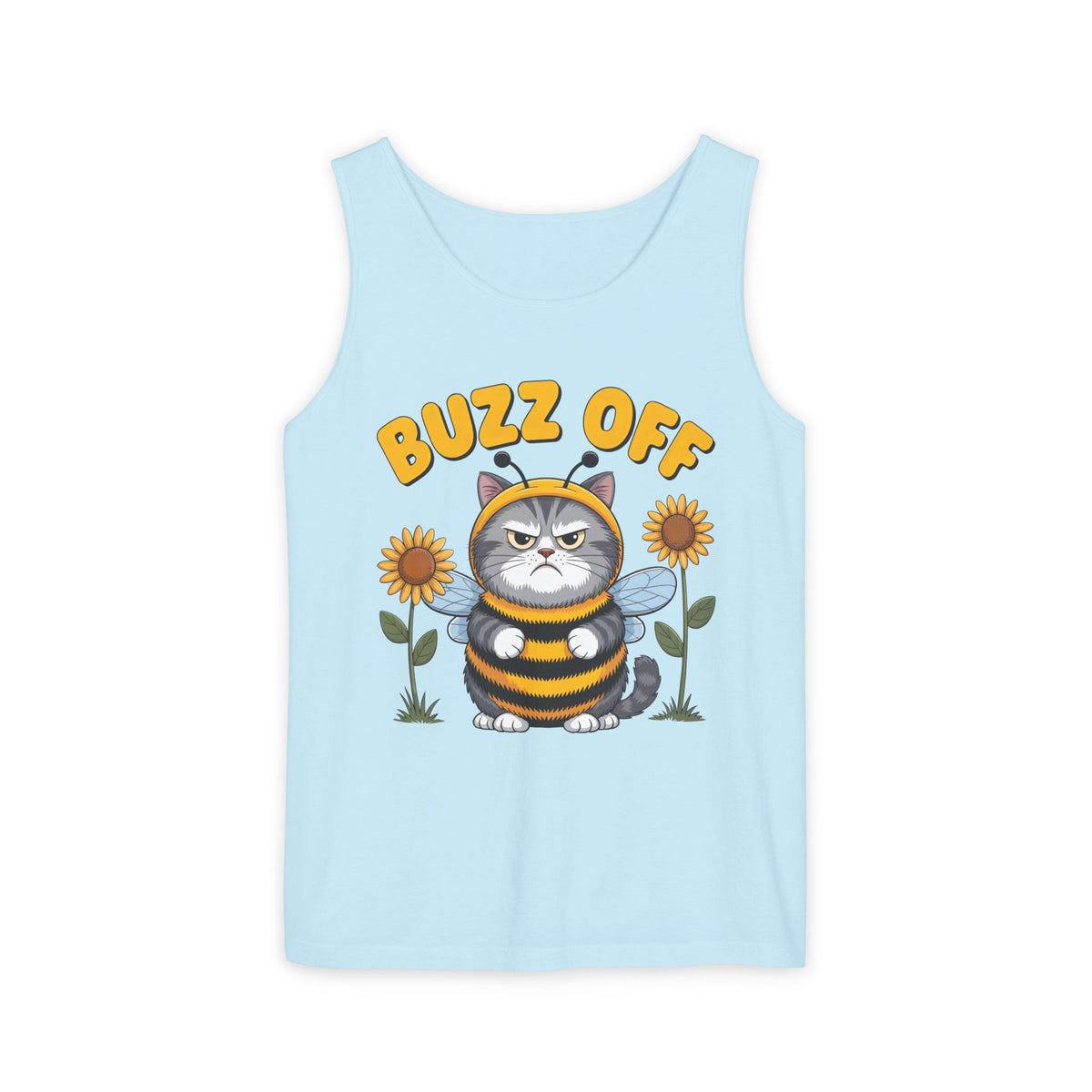 Buzz Off Funny Cat Meme Shirt | Cat Lover Introvert Shirt | Cute Bee Antisocial Shirt | Unisex Garment-Dyed Tank Top