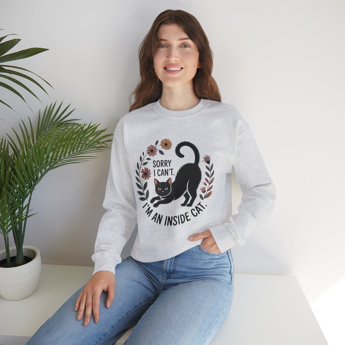 Indoor Cat Crewneck Sweatshirt | Black Cat Shirt | Sorry I Can't I'm an Indoor Cat | Cat Lover Gift
