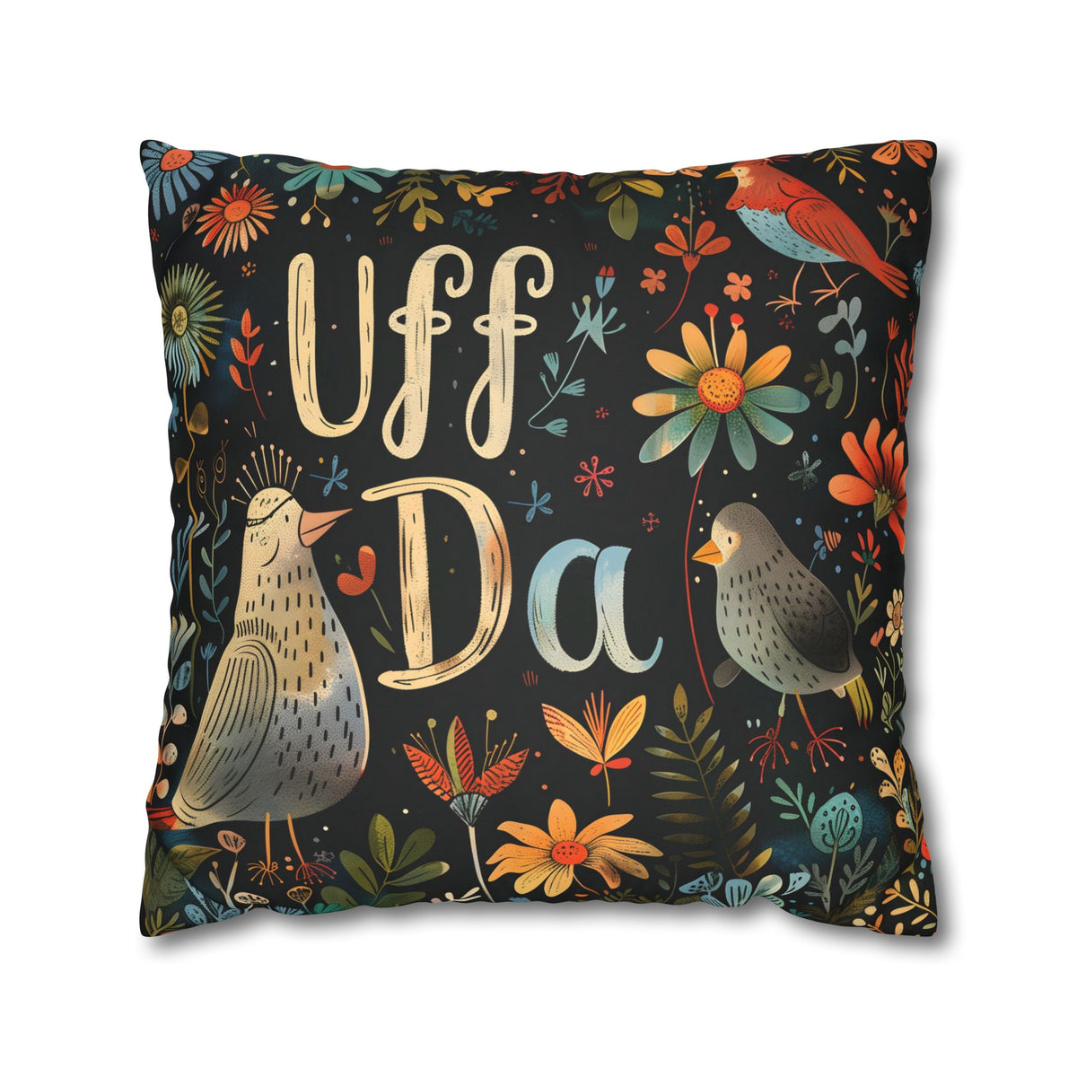 Uff Da Scandi Sueded Throw Pillow Case | Nordic Folk Art Birds Pillow | Farmhouse Decor