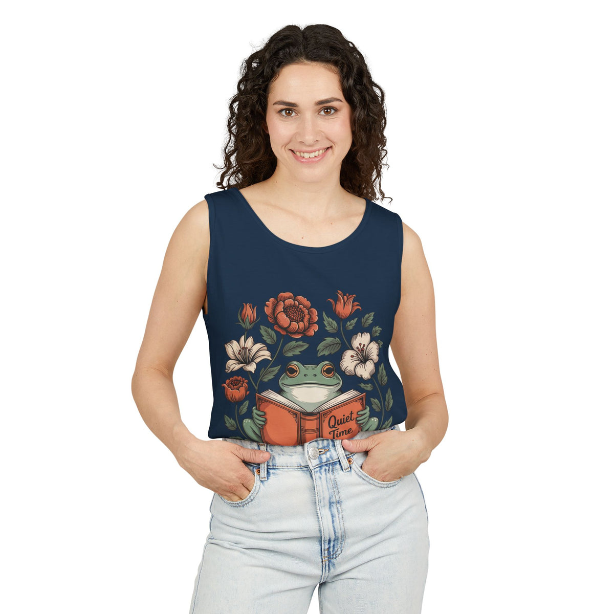 Cute Frog Bookish Shirt | William Morris Boho Reading Shirt | Unisex Garment-Dyed Tank Top