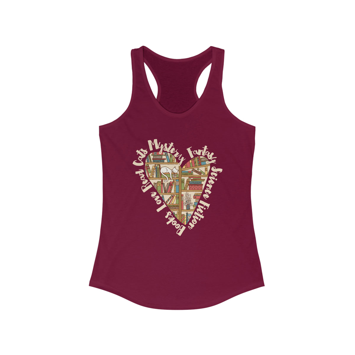 Book Lover Heart Cat Lady T-shirt | Cat Lover Bookworm Gifts | Women's Slim-fit Racerback Tank Top