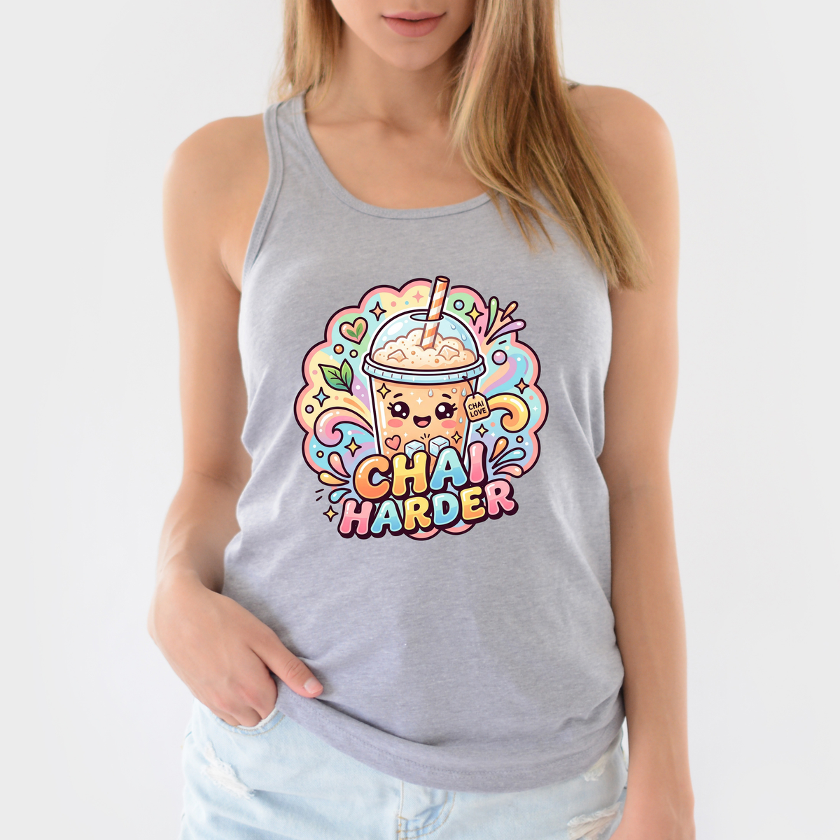 Chai Harder Racerback Tank Top | Kawaii Iced Chai Latte Shirt | Chai Tea Lover Desi Vibes Gift