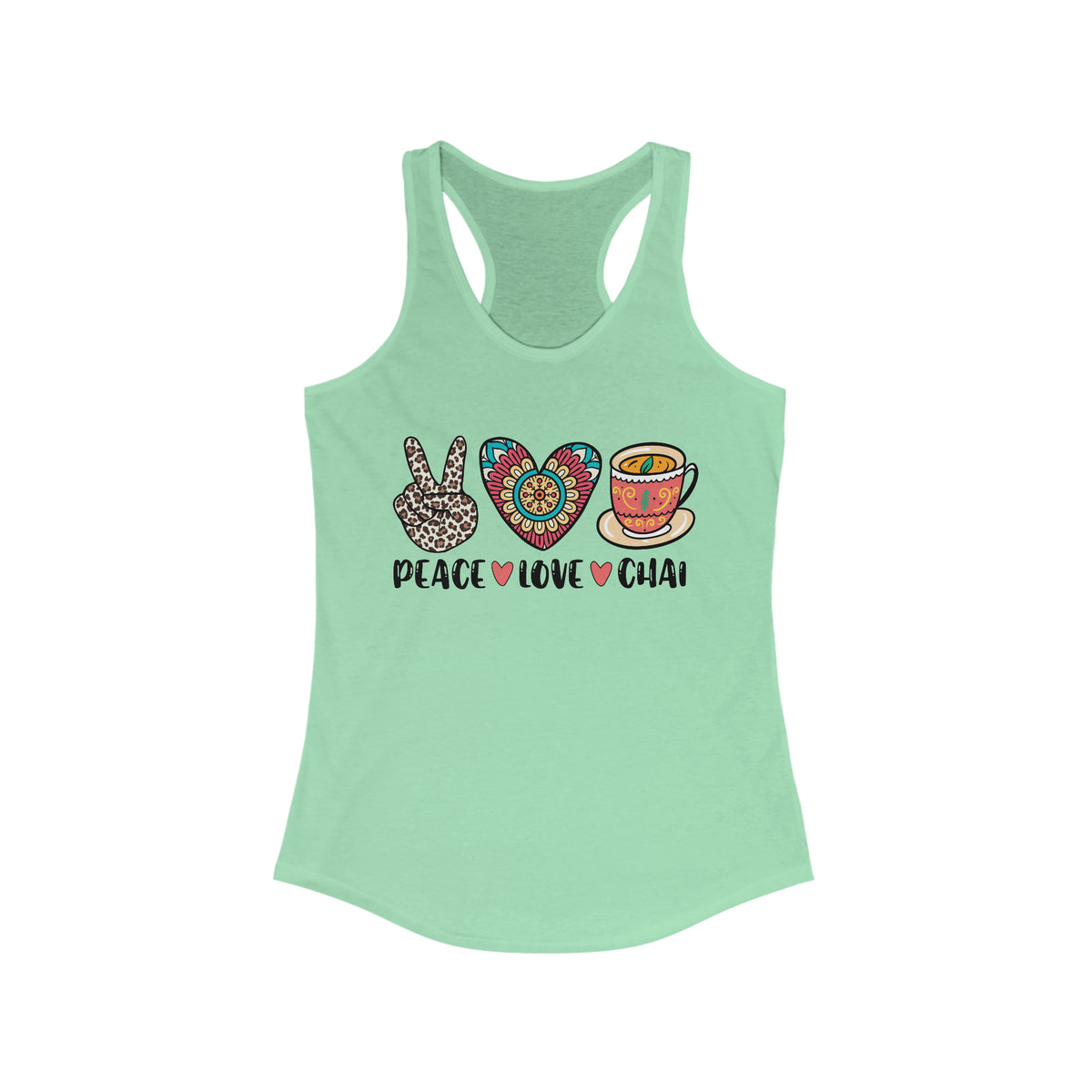 Peace Love Chai Tea Leopard Print Tea Shirt | Tea Lover Gift Indian Shirt | Women's Slim-fit Racerback Tank Top