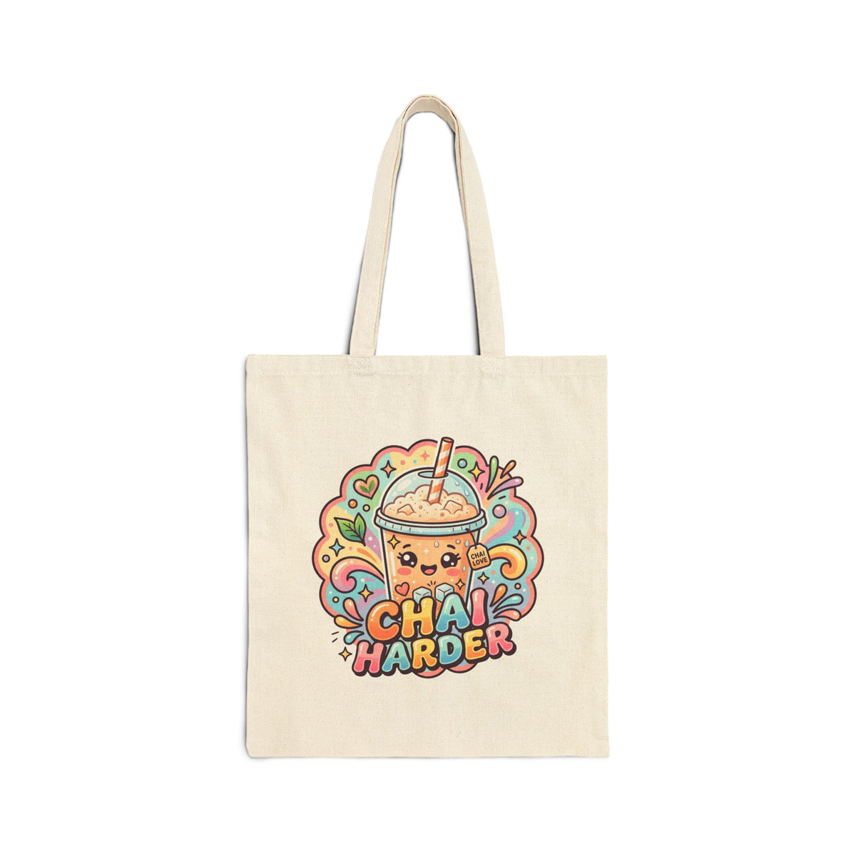Chai Harder Cotton Canvas Tote | Kawaii Iced Chai Latte Book Bag | Chai Tea Lover Desi Vibes Gift Bag