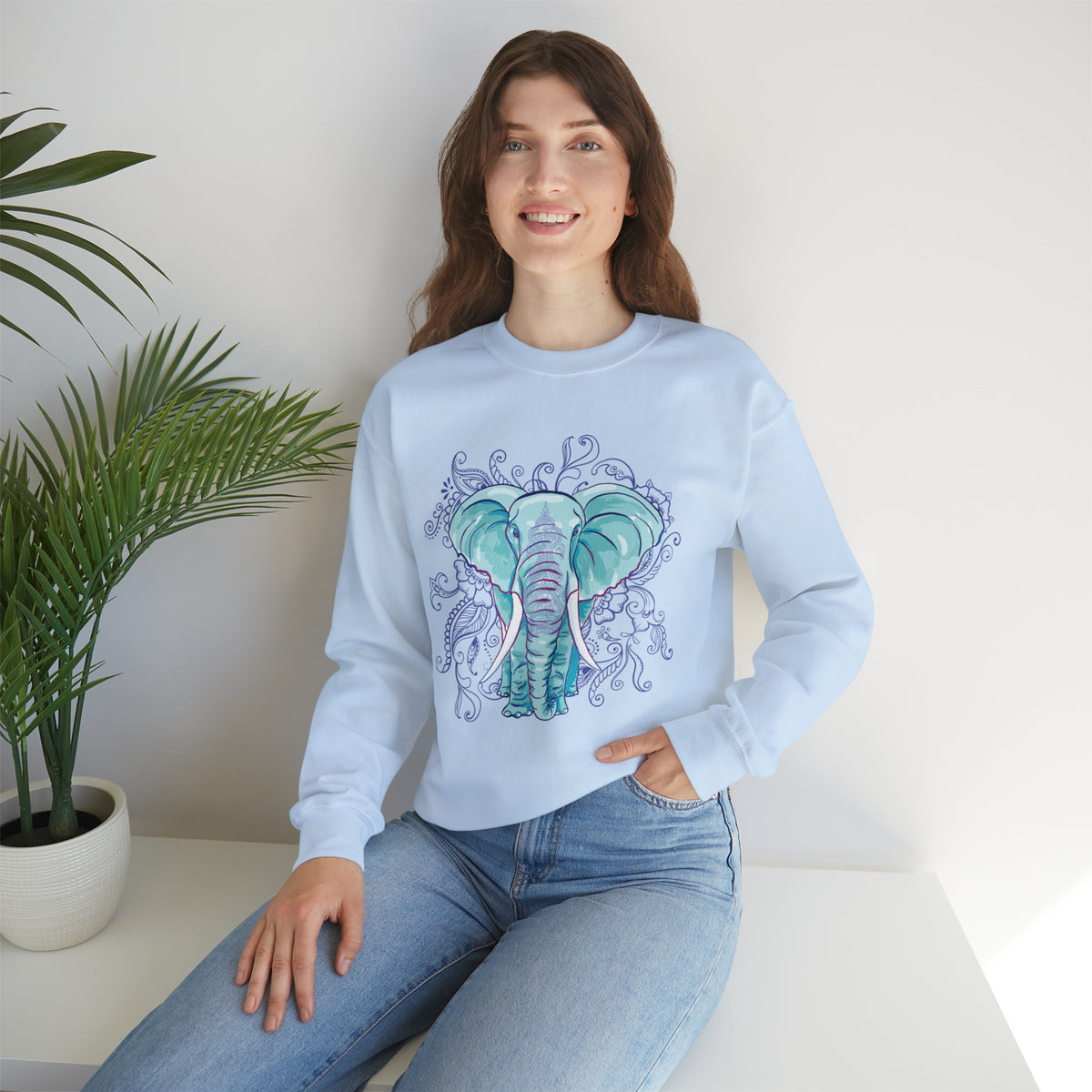 Indian Mandala Watercolor Art Elephant Shirt | Yoga Lover Gift | Unisex Crewneck Sweatshirt