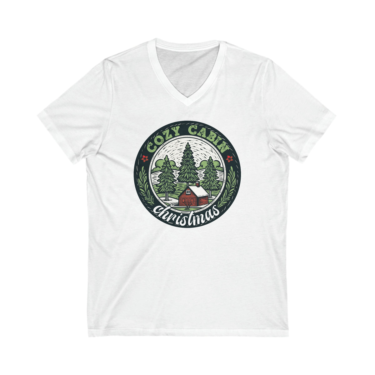 Cozy Cabin Christmas Tree Shirt | Vintage Christmas Gift For Her | Unisex Jersey V-neck T-shirt