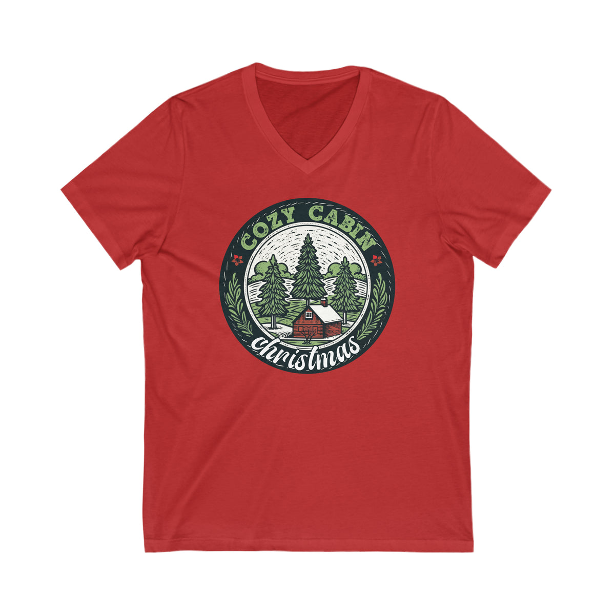 Cozy Cabin Christmas Tree Shirt | Vintage Christmas Gift For Her | Unisex Jersey V-neck T-shirt