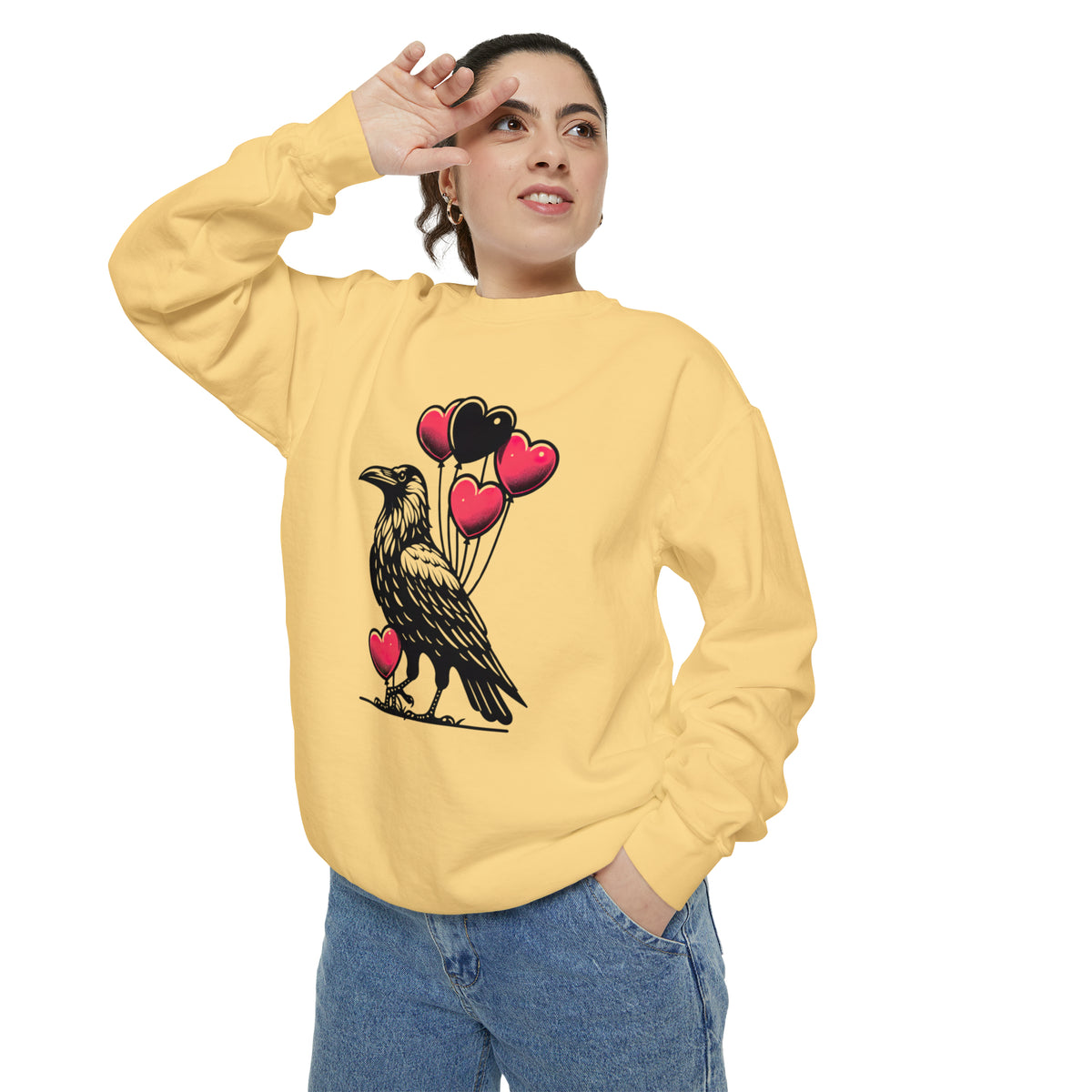 Crow Heart Balloons Valentines Day Shirt | Cute Crow Bird Lover Gift | Unisex Garment-Dyed Sweatshirt